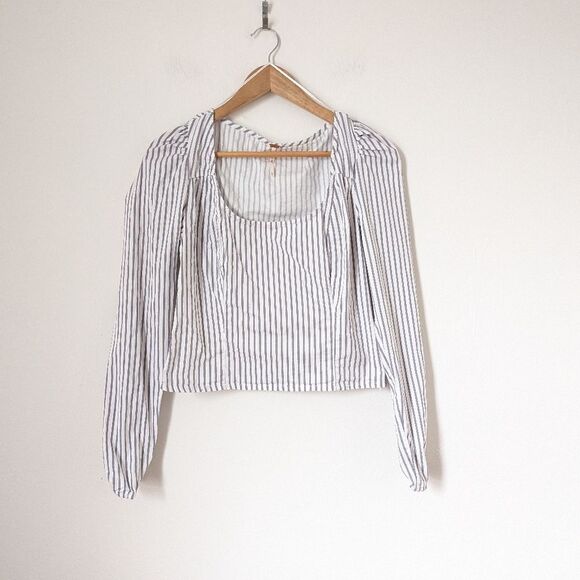 Free People white grey neutral stripe Caroline U-neck princess long sleeve top - Picture 2 of 6